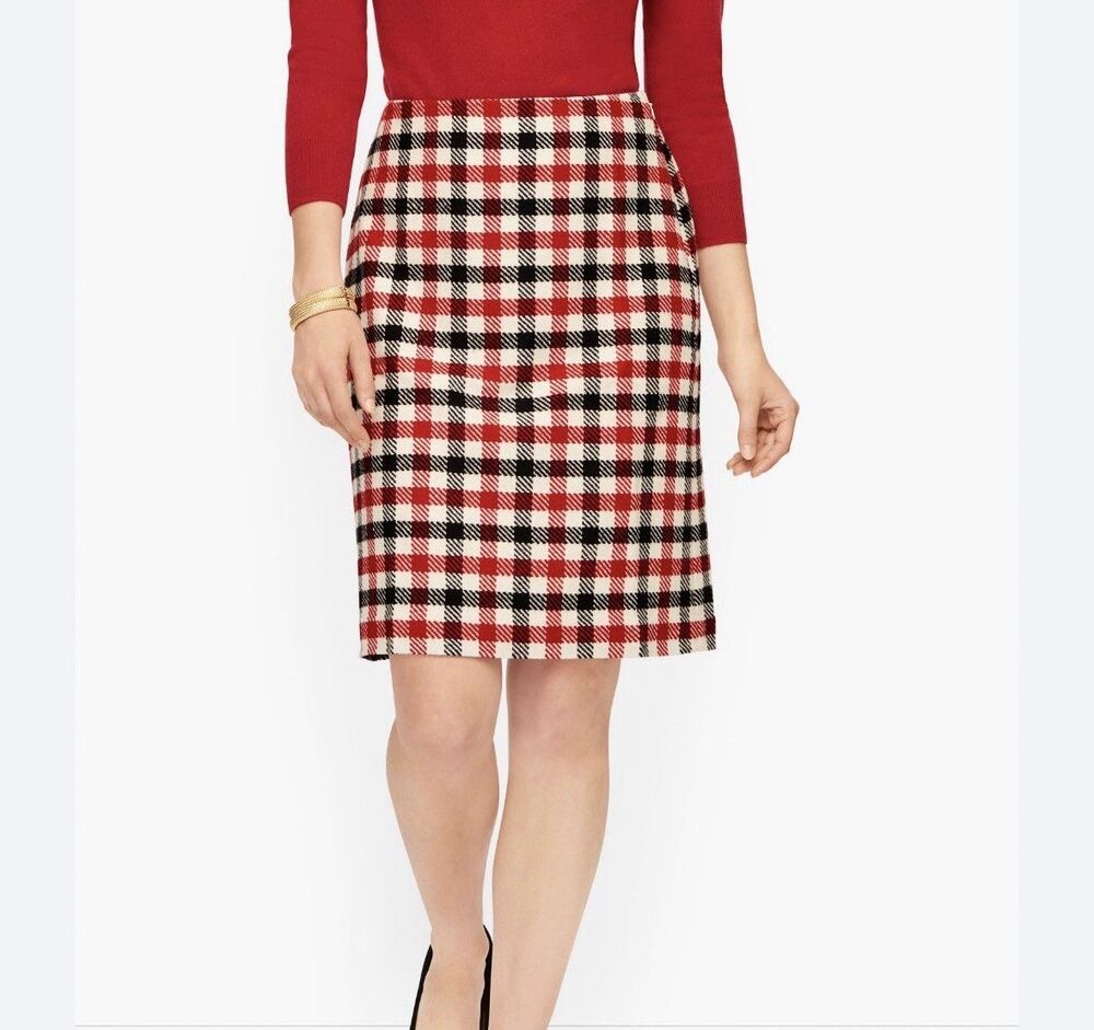 Talbots Wool Red Black Ivory Plaid A-Line Skirt 8 Lined Heritage Check Tartan